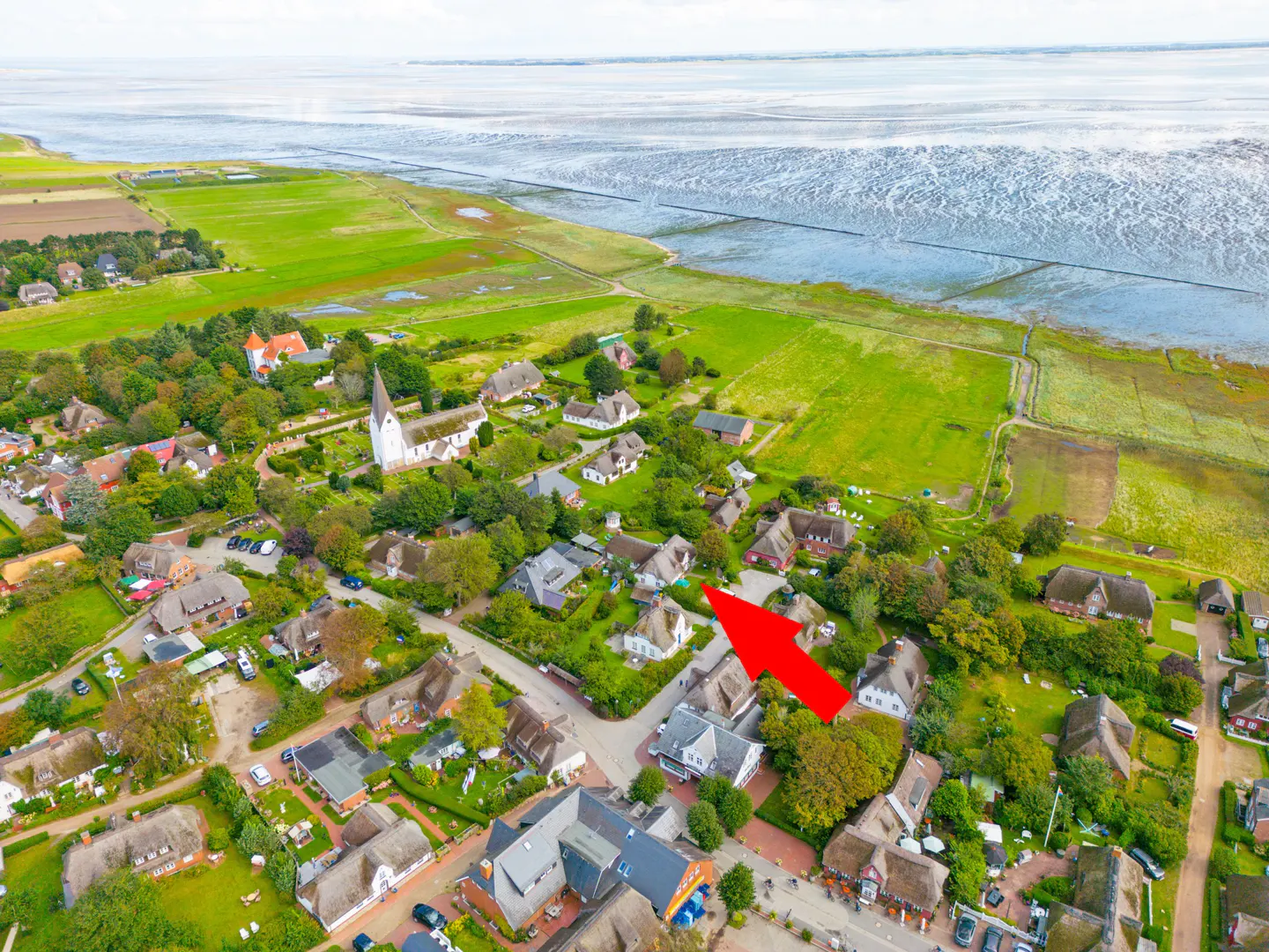 Aerial view of a village with thatched-roof houses, green fields, and a body of water in the background. A red arrow points to a specific house.