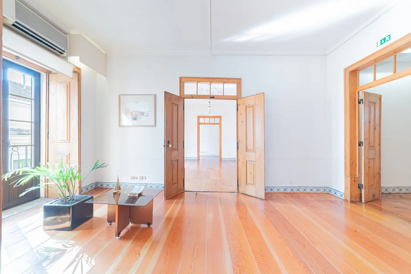 A bright room with wood floors, white walls, and open wood doors leading to other rooms. A plant and table are in the foreground.