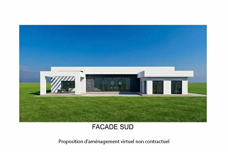 Modern, white, one-story house with large windows and a flat roof, set against a blue sky and green lawn.
