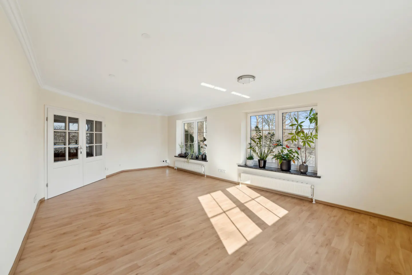 Bright, empty room with light wood floors, white walls, double glass doors, and windows with potted plants on the sill.