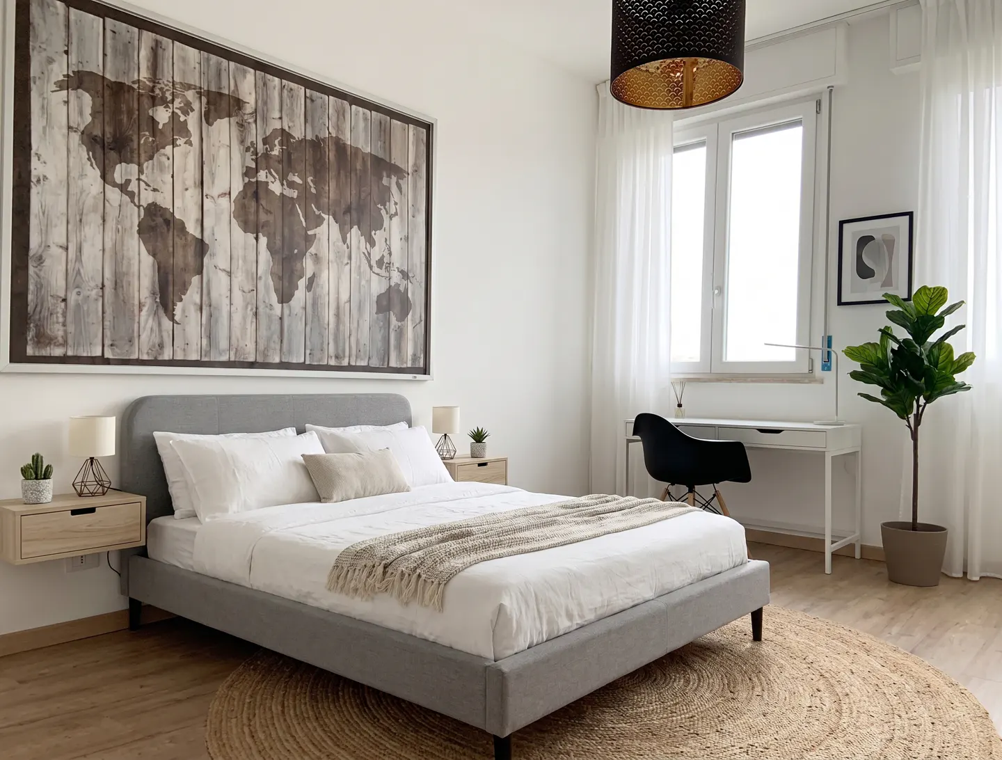 Bedroom with a gray bed, white linens, and a world map art piece. A desk, chair, and plant are near a window with sheer curtains.