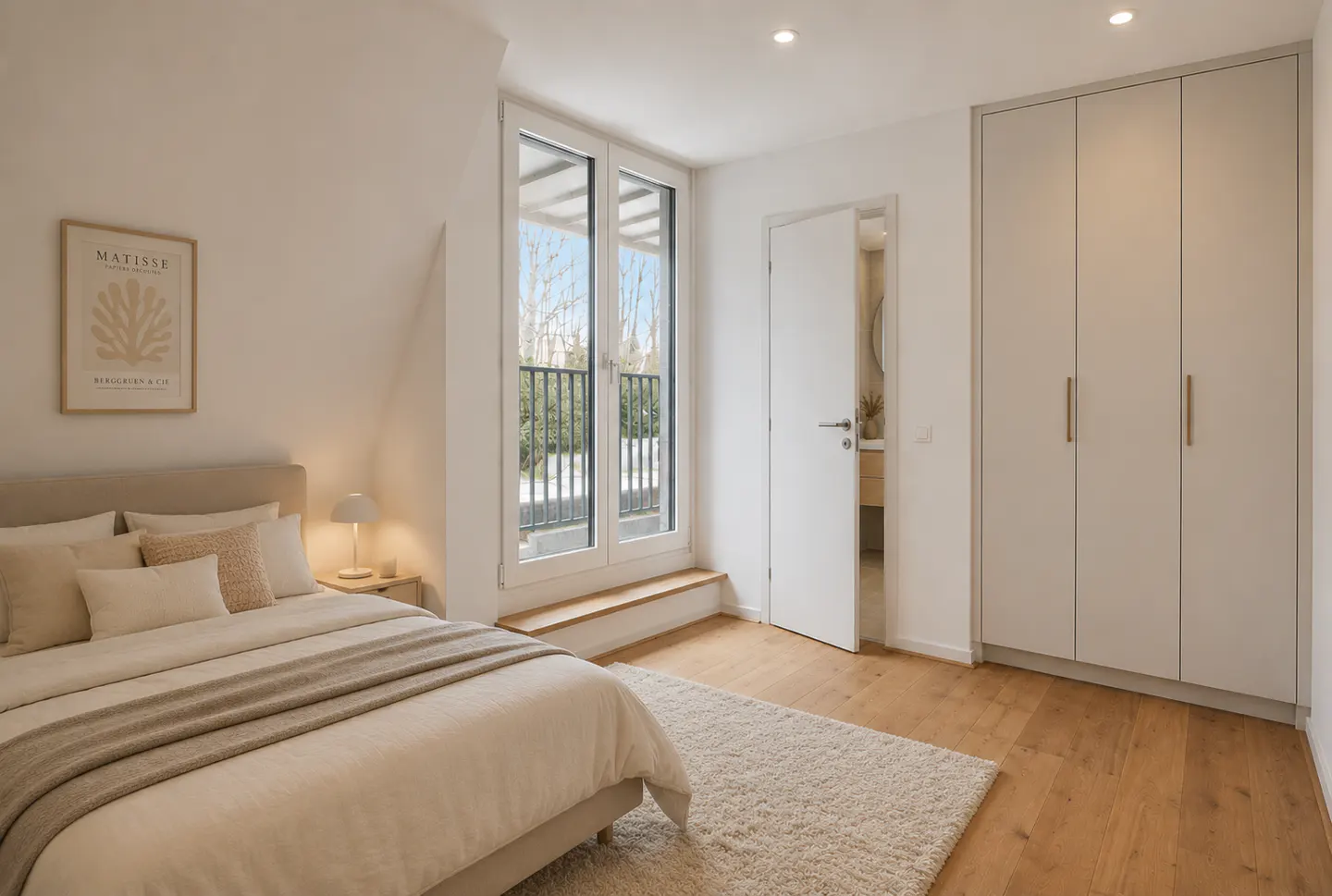Bright bedroom with a bed, Matisse art, and a balcony door. A white door leads to a bathroom, next to a large wardrobe.