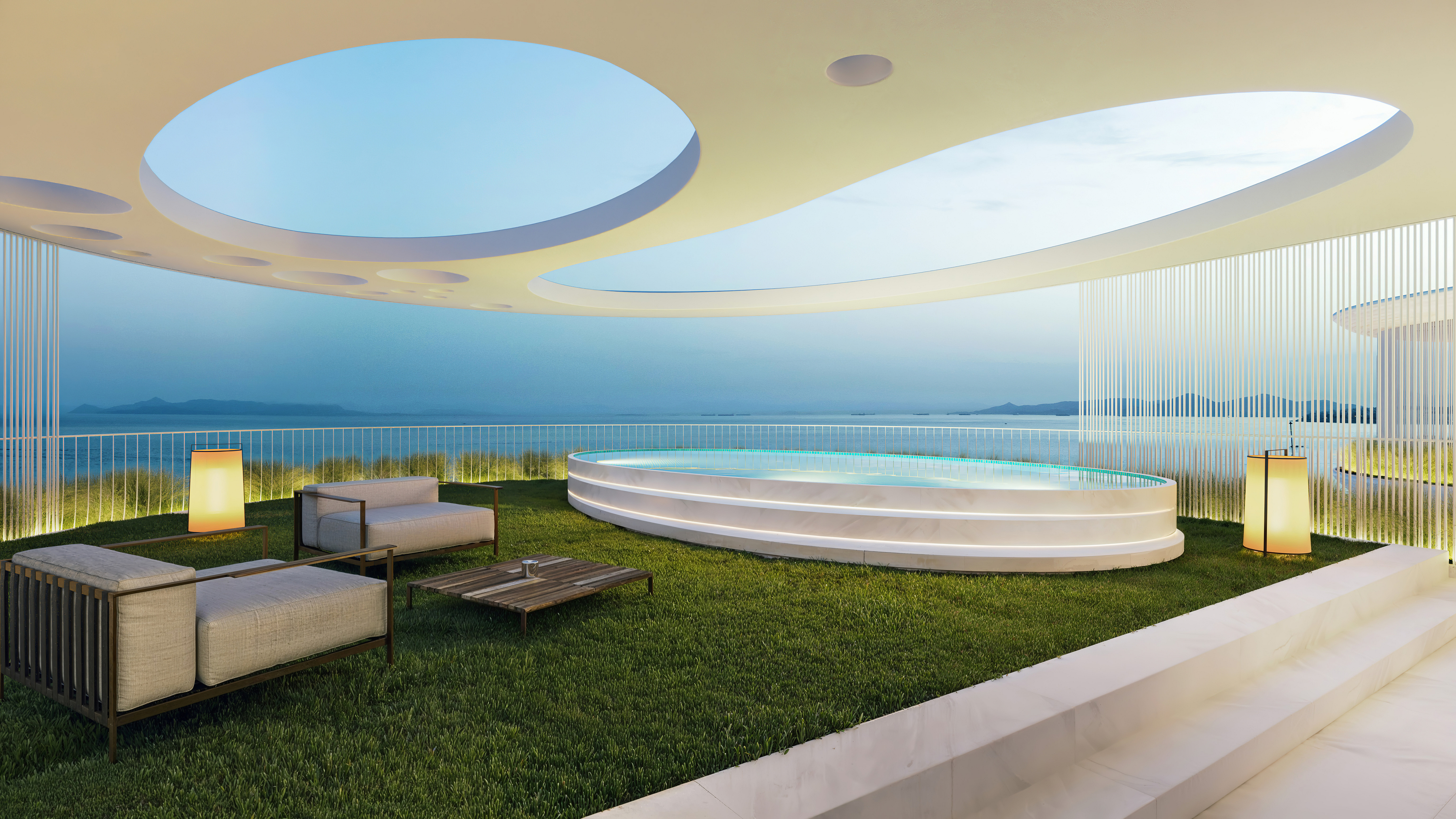 Modern rooftop terrace with a pool, lounge chairs, and grass, featuring a unique cutout ceiling overlooking the ocean. [AI-generated text]