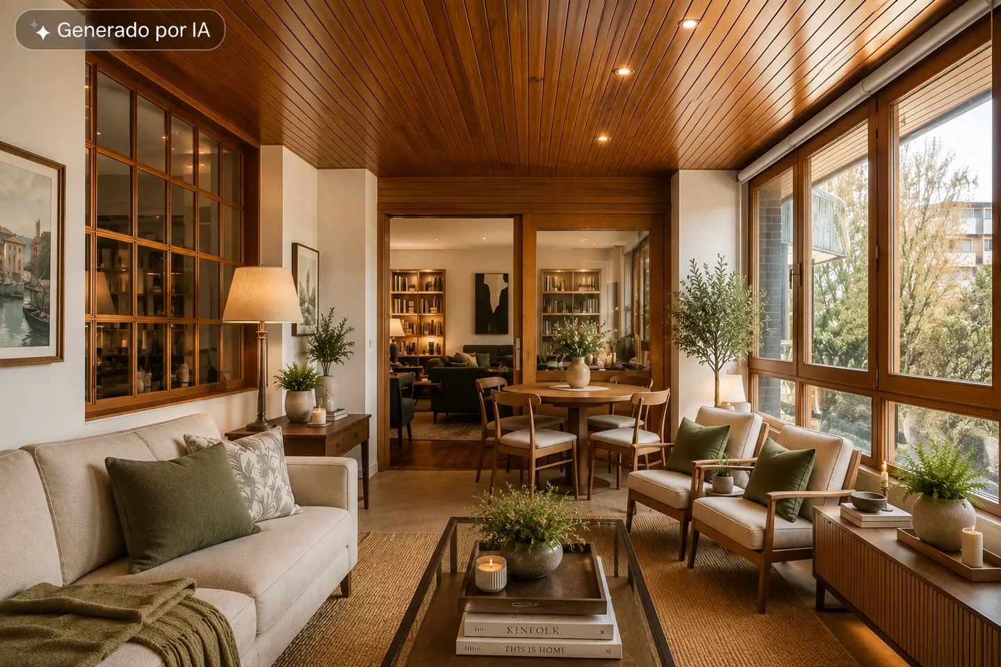 A bright living room with wood paneled ceiling, a beige sofa, two armchairs, and a view of a dining room and a library.