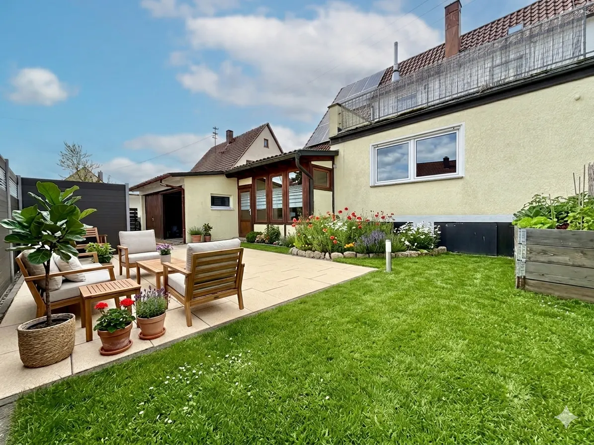 Backyard patio with wooden furniture, potted plants, and green lawn. Yellow house with flower garden in the background.