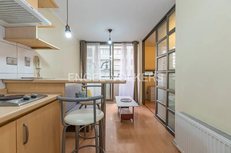 Studio apartment with wood floors, a small kitchen, and a seating area with a gray sofa and two bar stools. Sliding glass doors lead to a balcony.