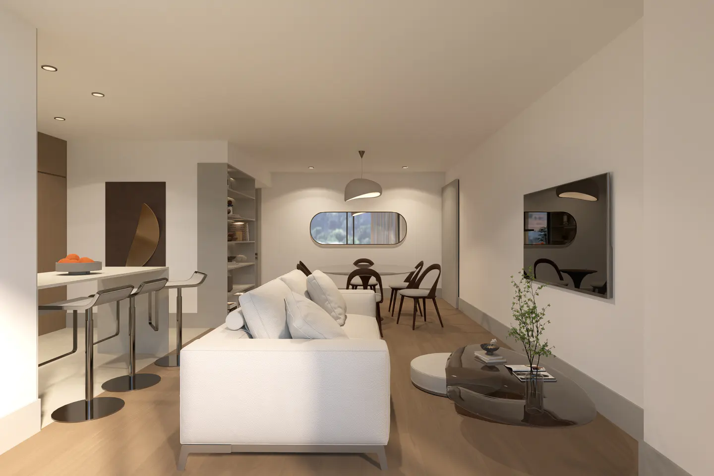 A modern living room with a white sofa, bar stools at a counter, and a dining table with chairs.