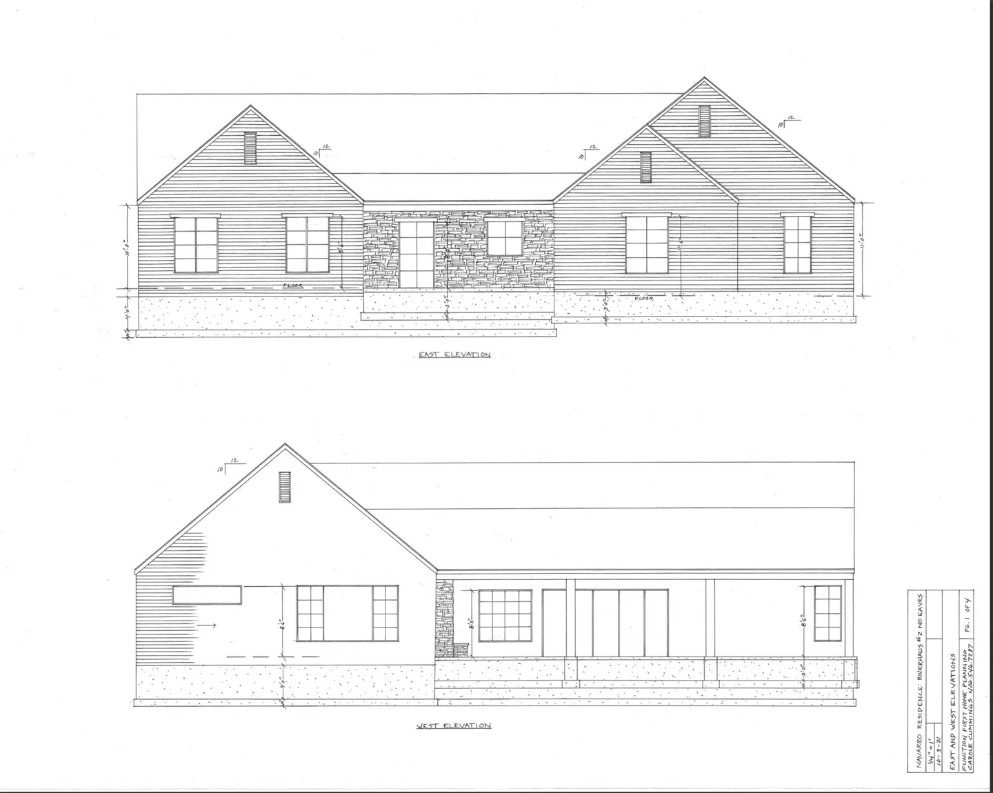 Architectural drawing of a house with two elevations: east and west. The house has a gable roof, horizontal siding, and a stone facade.