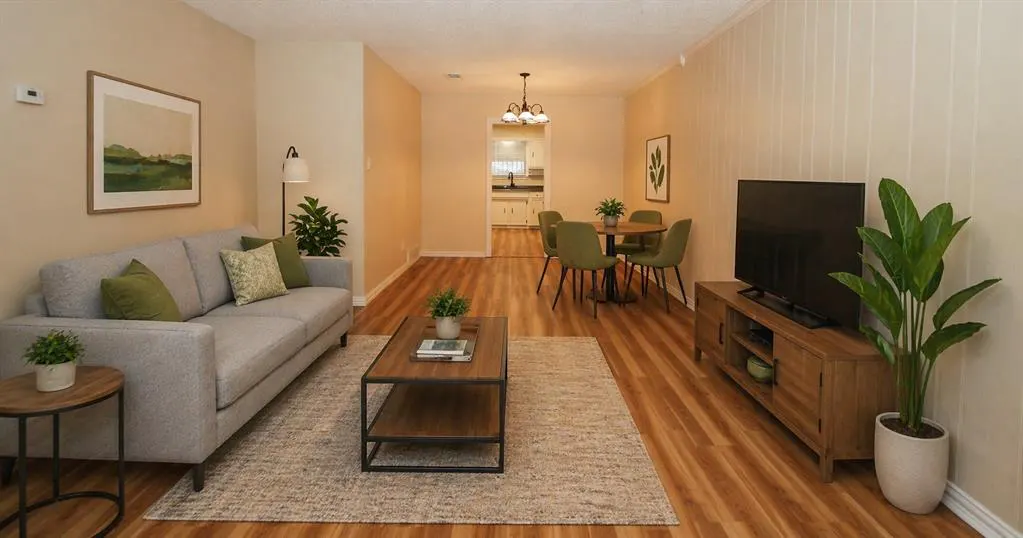 Living room with a gray sofa, wood floors, a dining table with green chairs, and a TV on a wooden stand.