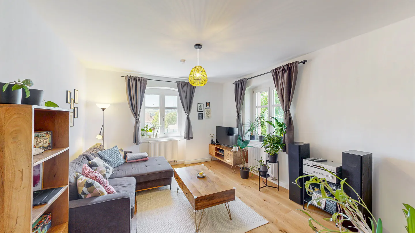 Cozy living room with a grey sectional sofa, wooden coffee table, TV on a media console, and several indoor plants.