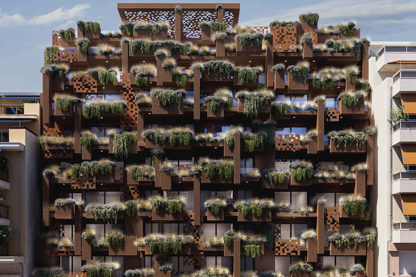 Exterior view of a modern, brown building with plants on each balcony.