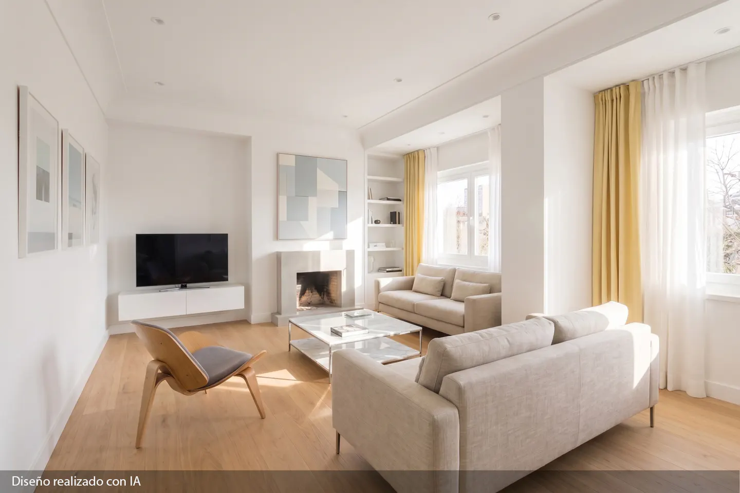 Bright living room with hardwood floors, beige sofas, a fireplace, and a TV. Yellow curtains adorn the windows.