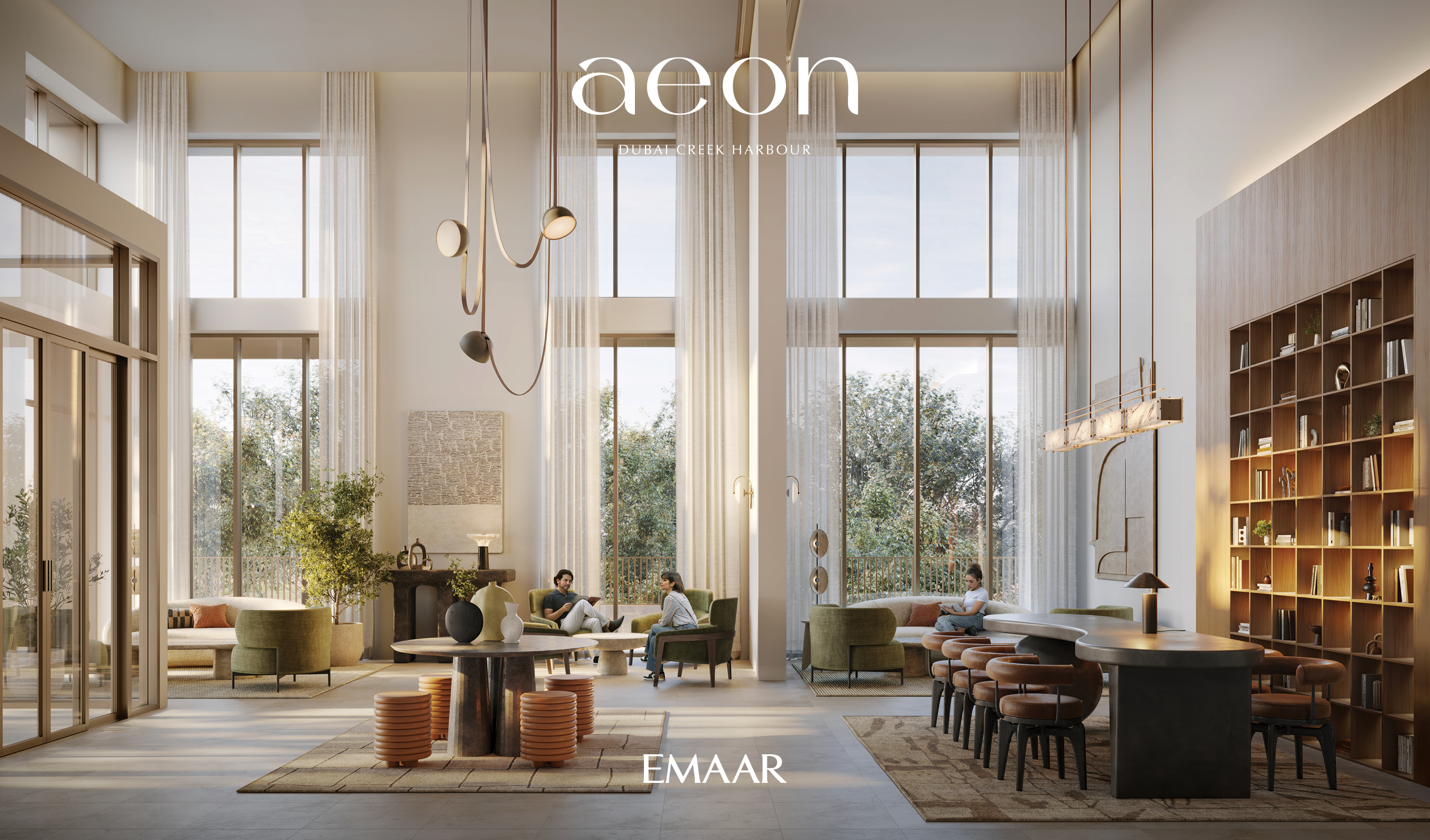 Modern, high-ceilinged lounge at Aeon Dubai Creek Harbour featuring floor-to-ceiling windows, plush seating, and a library. [AI-generated text]