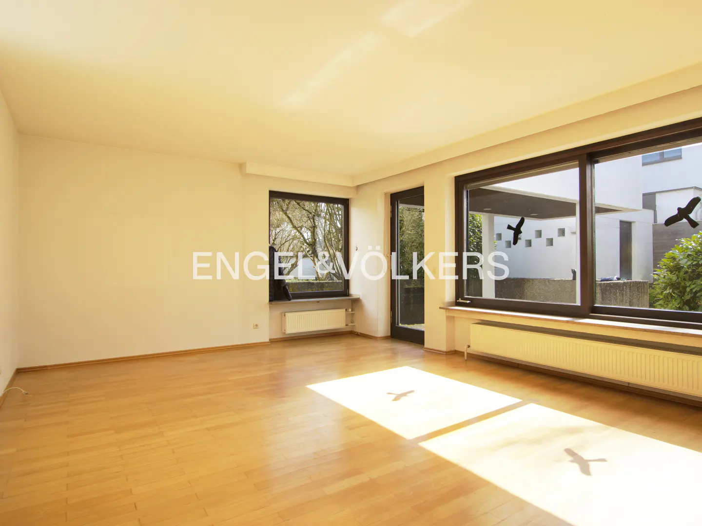 Bright, empty room with wood floors, large windows, and white walls. A black bird sticker is on the window.