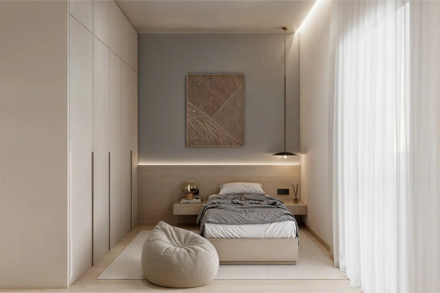 A modern bedroom with a bed, side tables, a beanbag chair, and a large wardrobe. The color scheme is neutral, with beige and gray tones.
