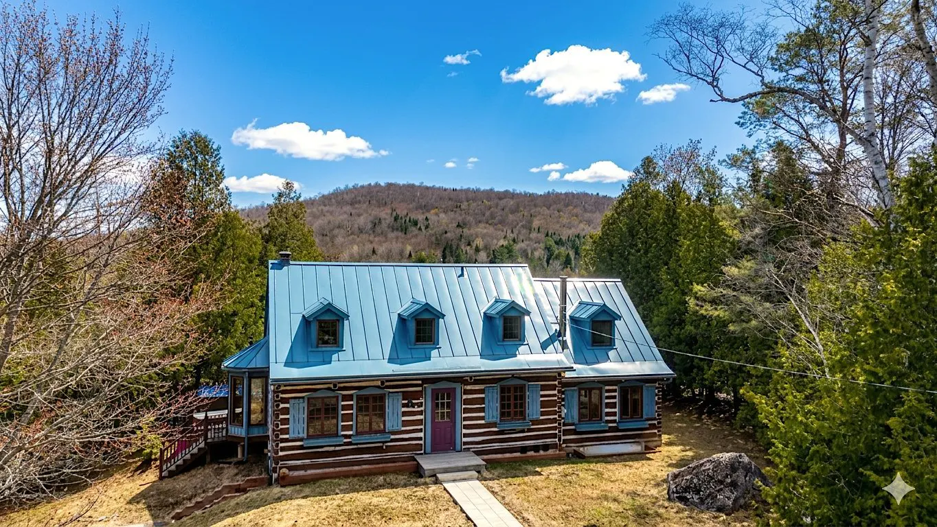 Exterior view of a log cabin with a blue metal roof, shutters, and a purple door, surrounded by trees and a mountain in the background.