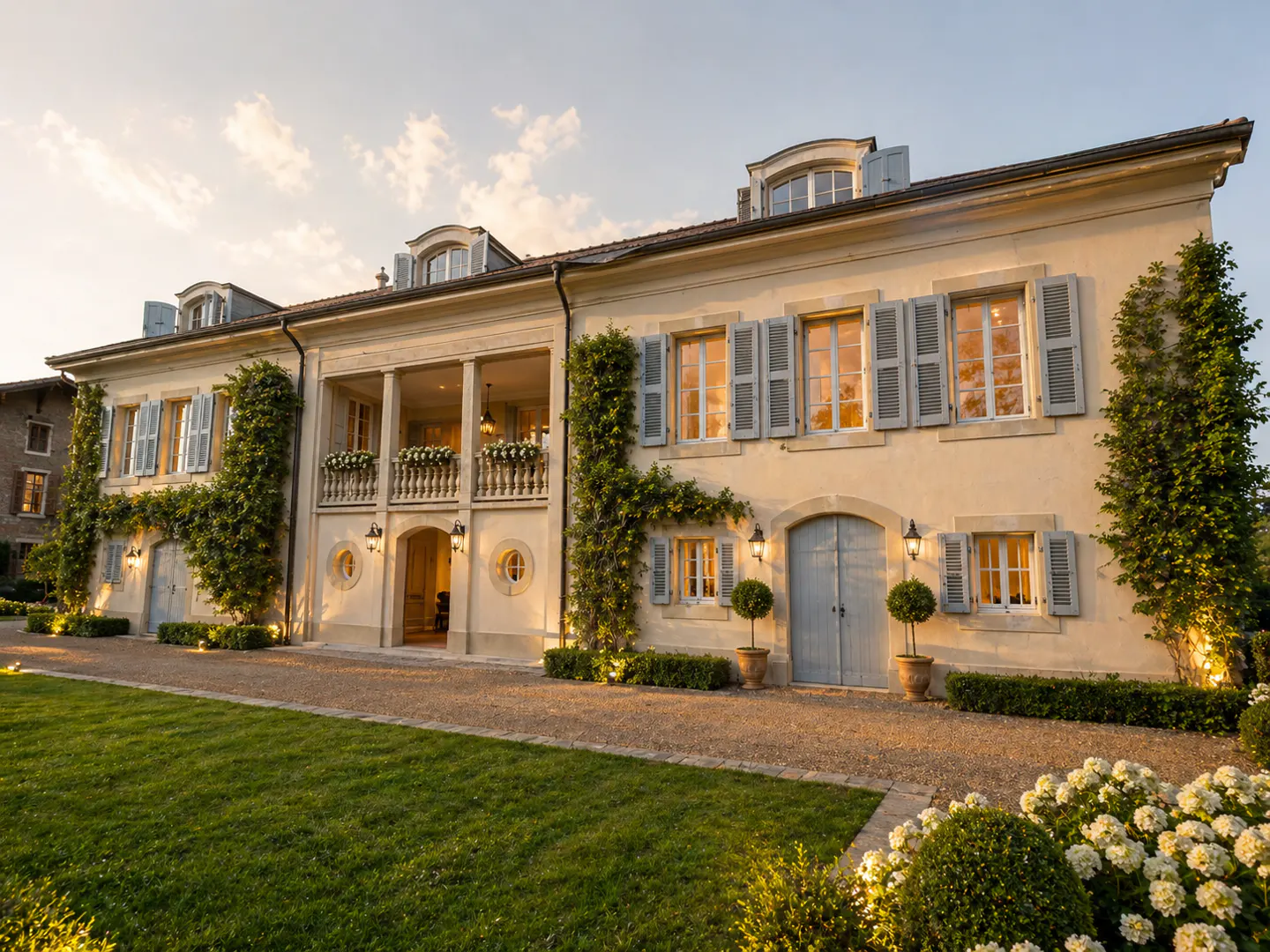 Elegant, cream-colored villa with blue shutters, a stone balcony, and climbing vines, set against a sunset sky.