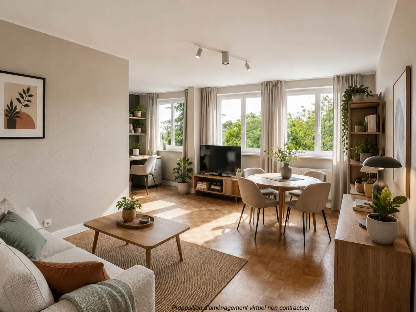 Bright living room with a sofa, coffee table, dining table, TV, desk, and large windows with green trees outside.