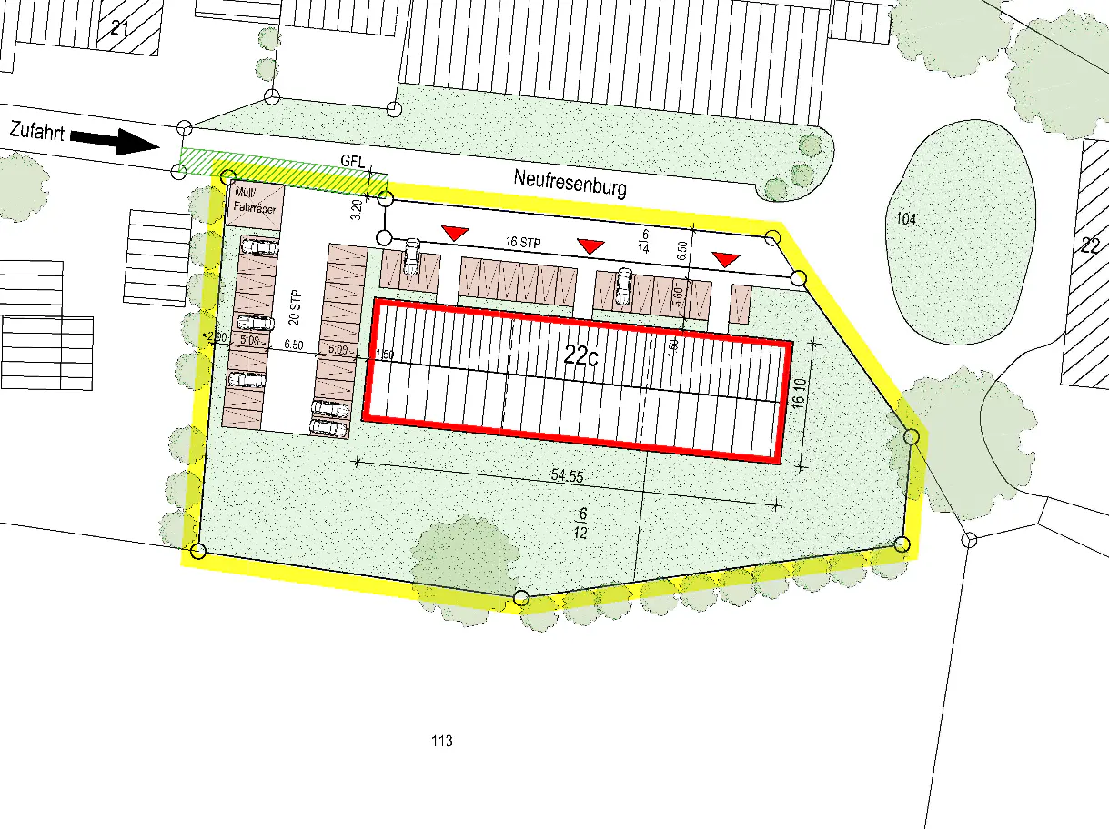 Site plan shows a rectangular building, labeled 22c, outlined in red, surrounded by parking spaces and green space, bordered in yellow.