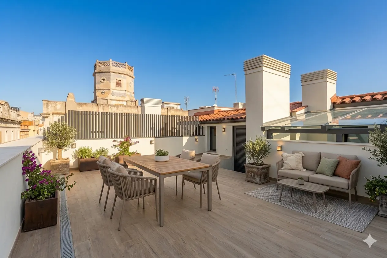 Sunny rooftop terrace with wood-look tile, dining set, outdoor sofa, potted plants, and views of historic stone buildings.