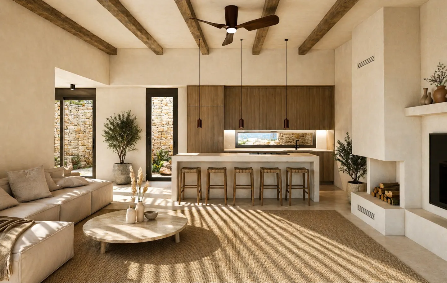 A bright, modern living space with a beige sofa, round table, and kitchen island with stools. A ceiling fan and wooden beams add warmth.