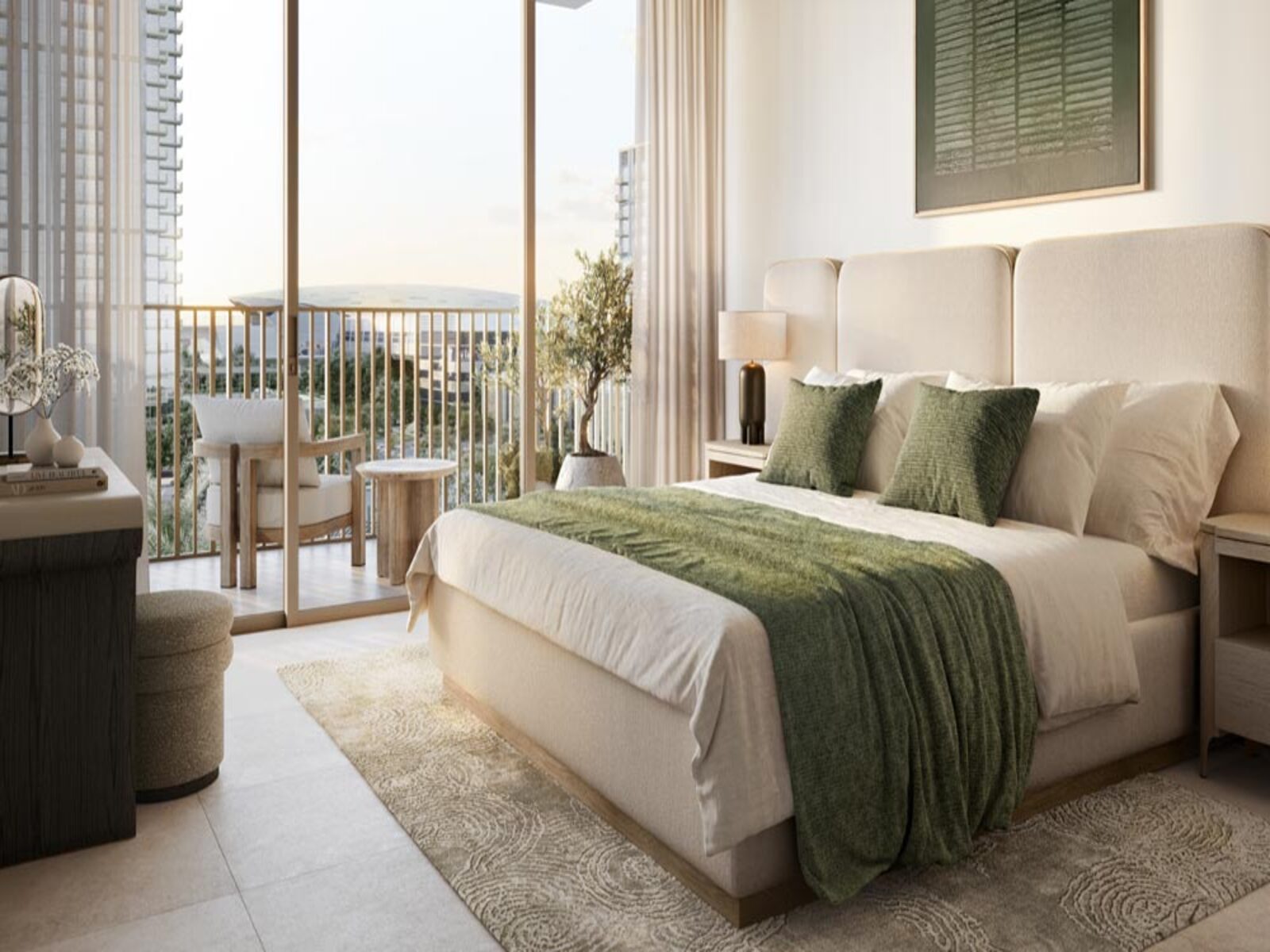 Modern bedroom with a beige bed, green throw blanket, and a balcony view featuring outdoor seating and a potted plant. [AI-generated text]