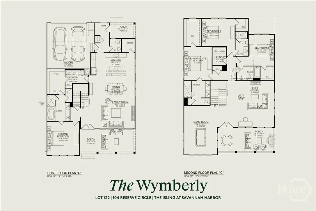 Floor plan of "The Wymberly" house model, showing the layout of the first and second floors with rooms and dimensions.