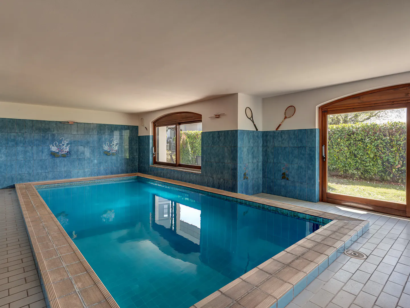 Indoor pool with blue tile walls, swan decals, and tennis rackets on the wall. A window and door look out to greenery.