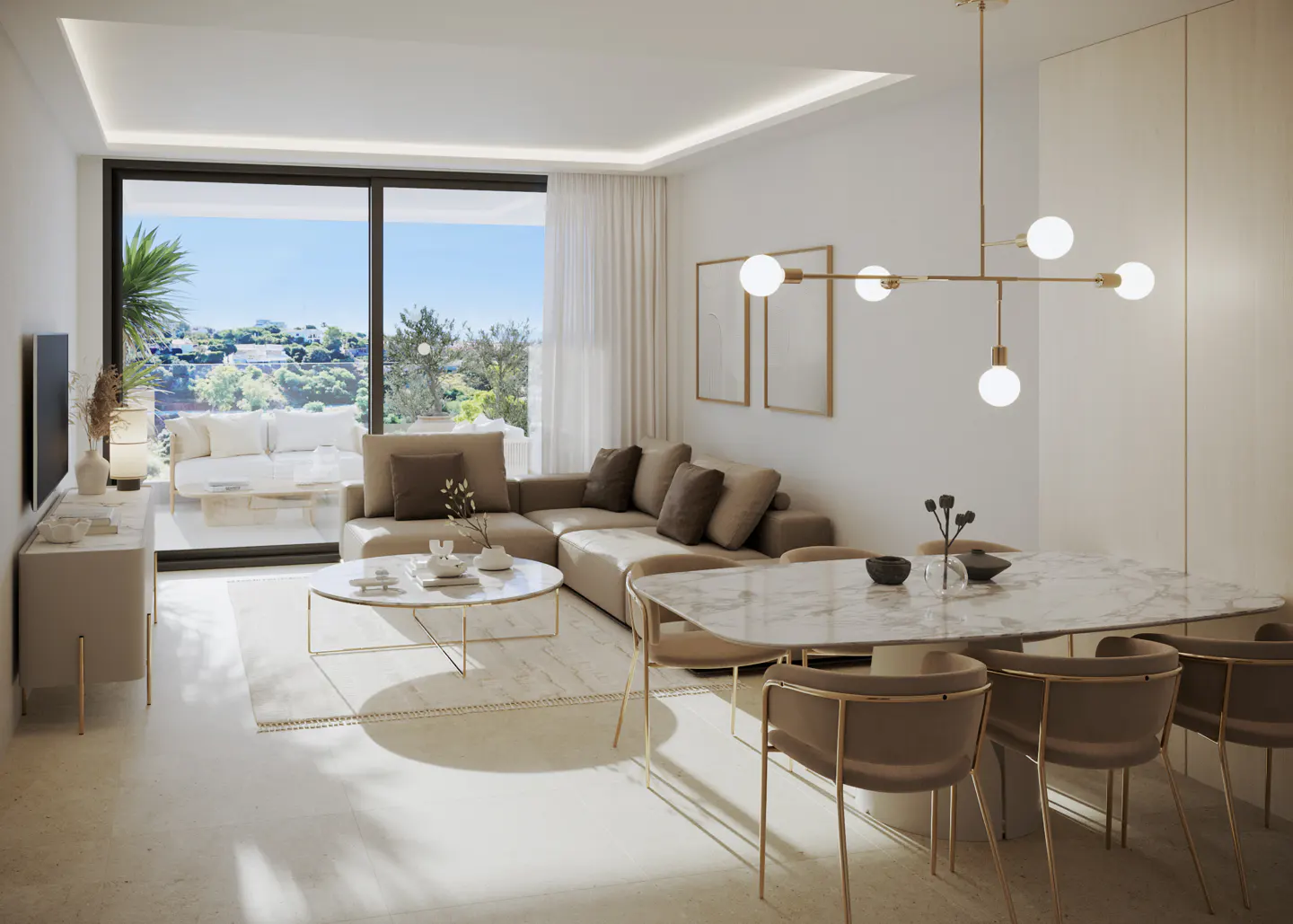 Bright, modern living room with beige sectional sofa, marble table, and gold light fixture. Large window with outdoor view.