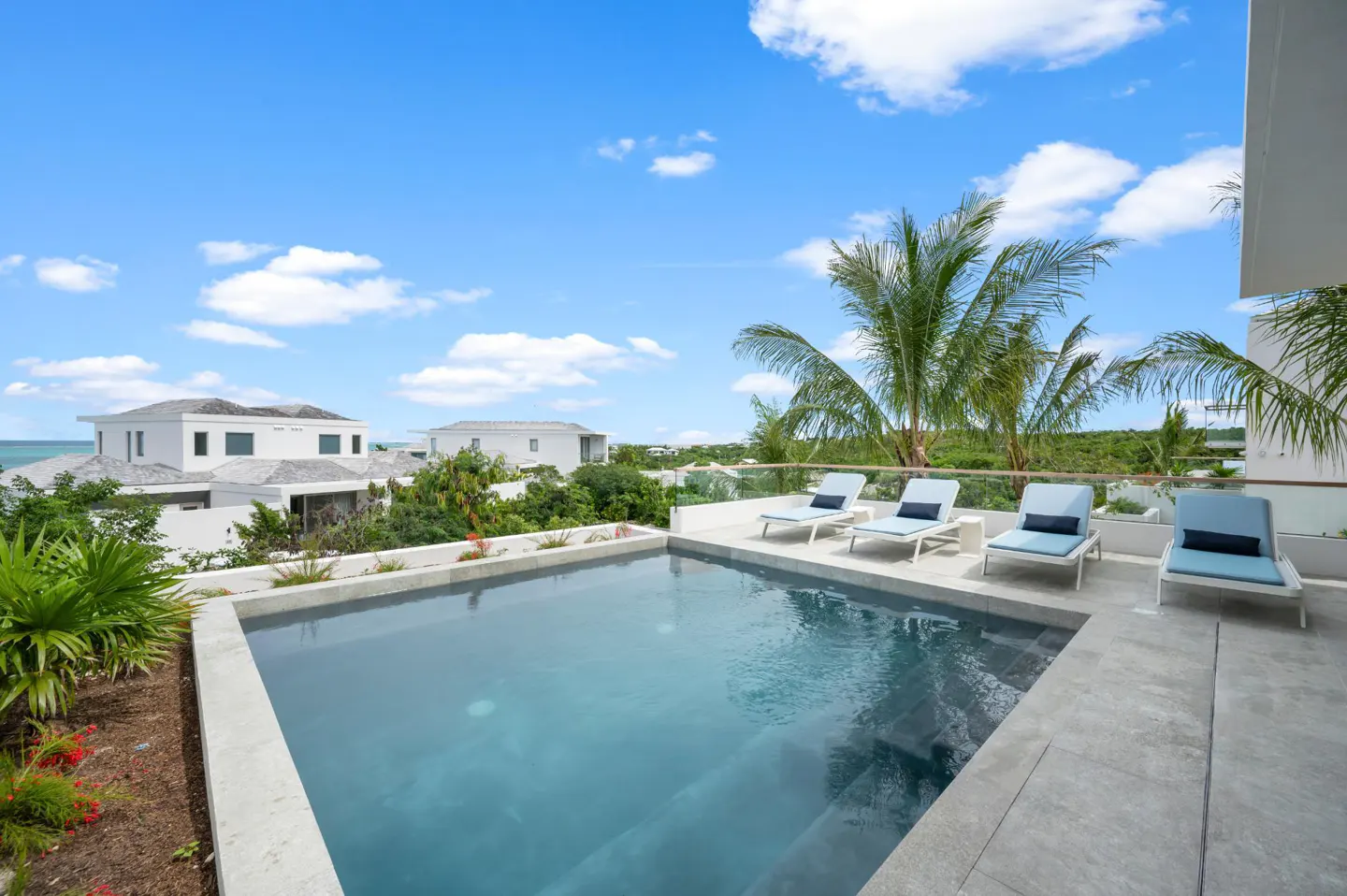 Rooftop pool with four lounge chairs, palm trees, and ocean view under a blue, cloudy sky.
