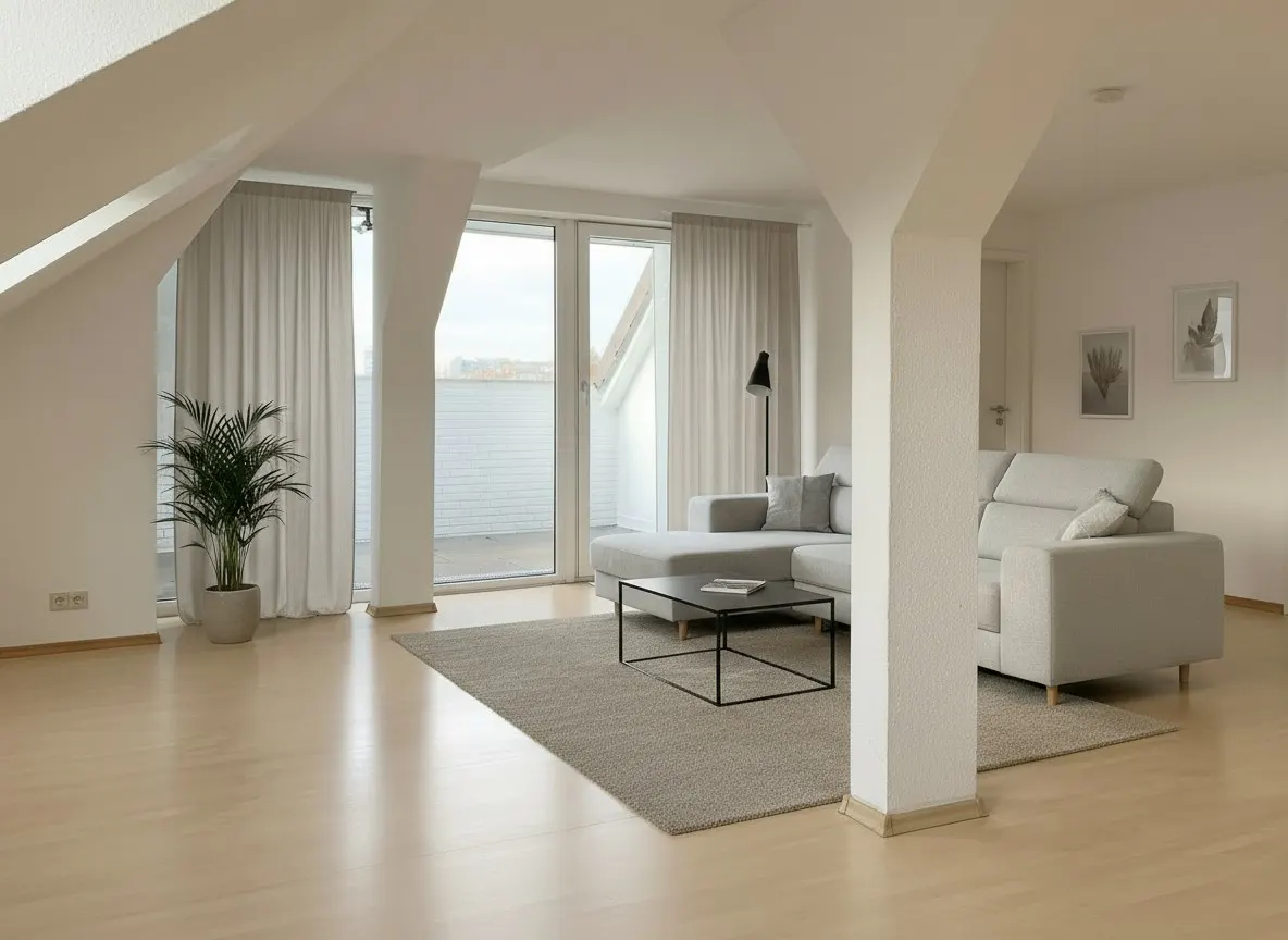 Bright attic living room with light wood floors, a grey sectional sofa, a black coffee table, and a potted palm plant.