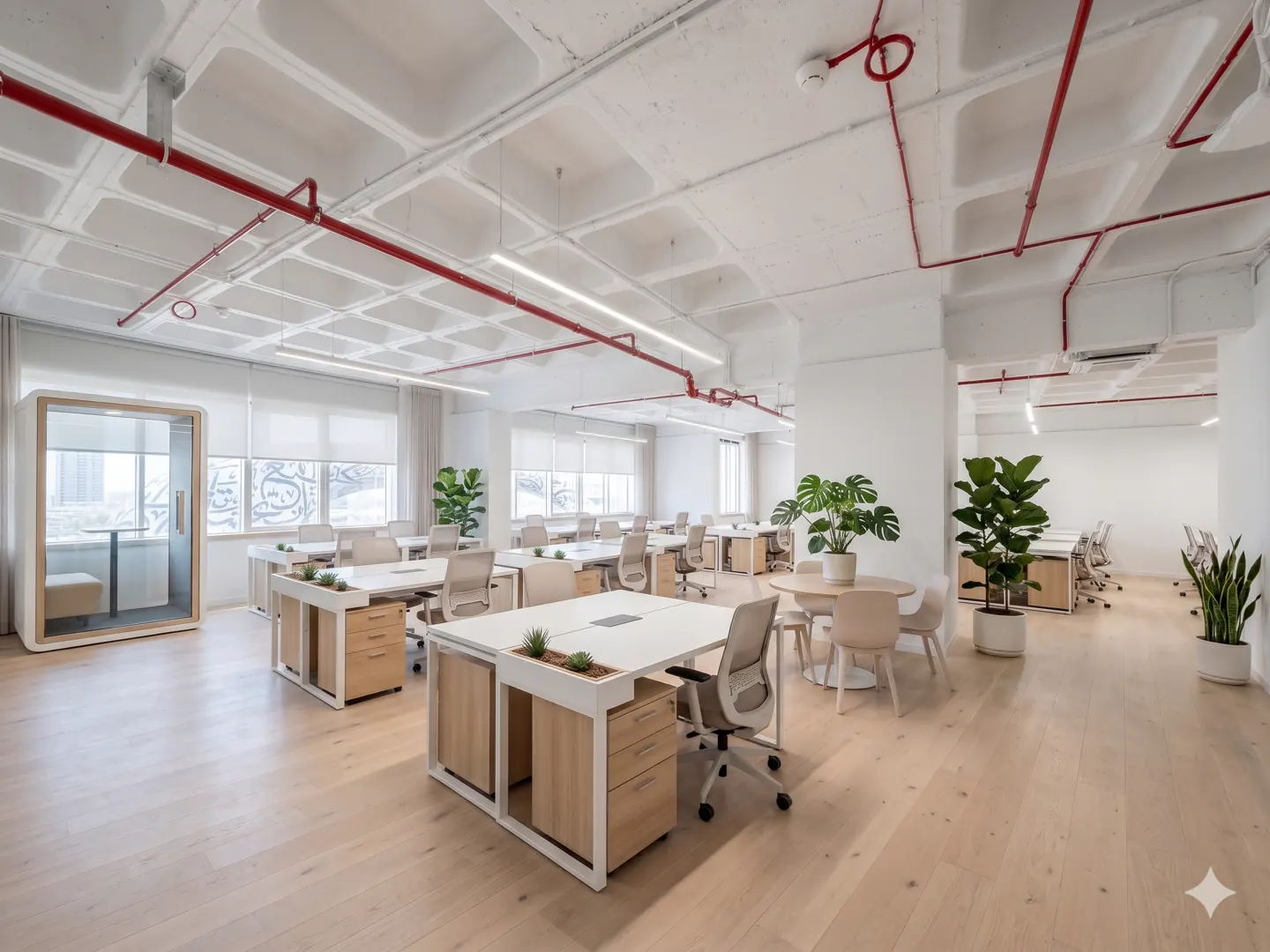 Bright, modern office space with white desks, beige chairs, and potted plants. Red pipes run across the white, grid-patterned ceiling. A phone booth sits to the left.
