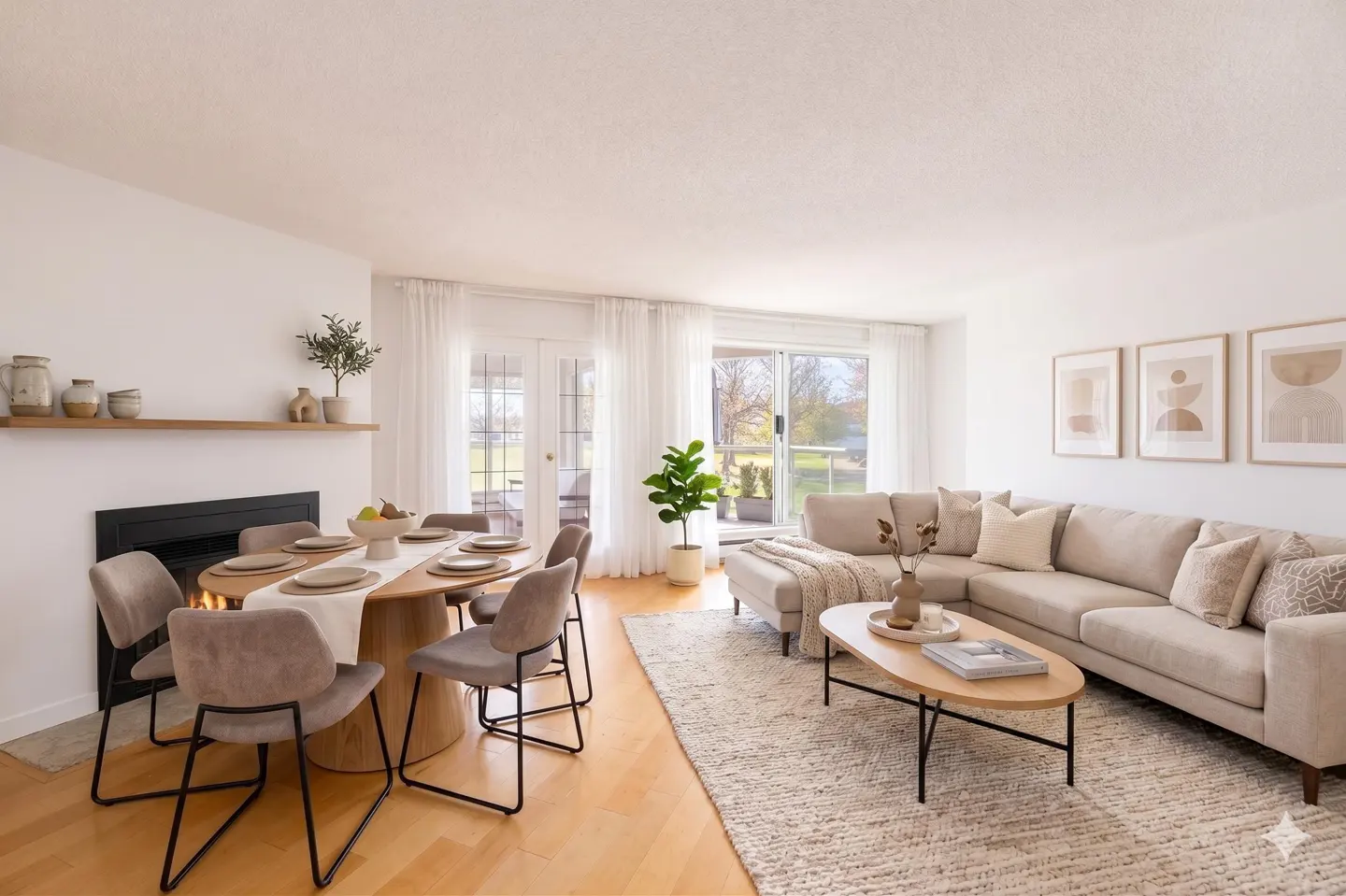 Open-concept living and dining area with light wood floors, beige sectional, and oval dining table with gray chairs.