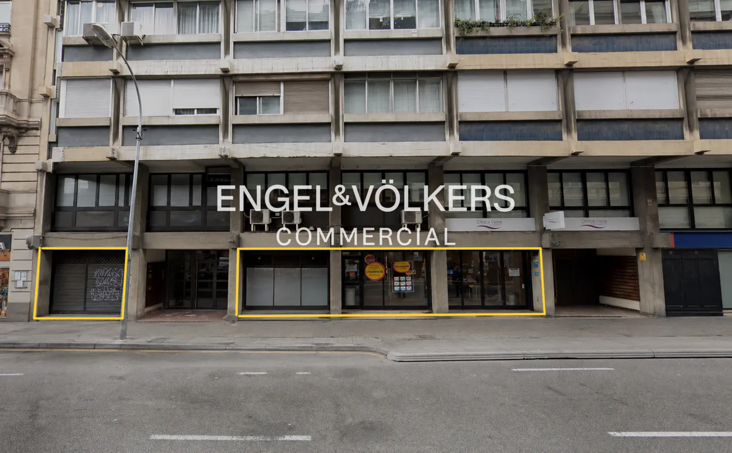 Engel & Völkers Commercial storefront in a multi-story building. Yellow boxes highlight available commercial spaces.