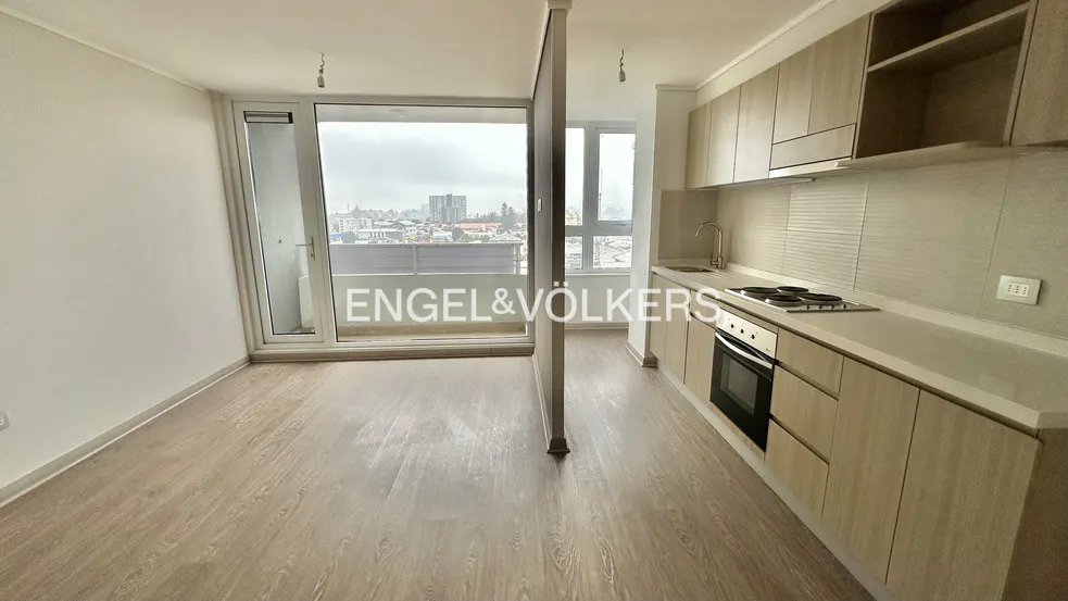 A modern apartment interior with wood floors, a kitchen with light wood cabinets, and a balcony overlooking a city.