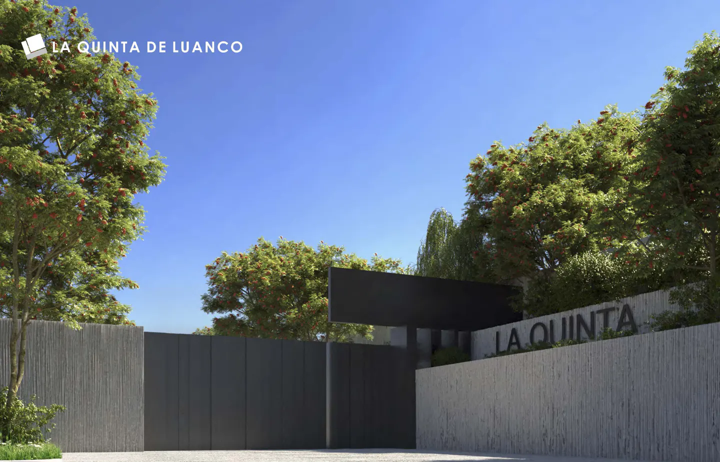 Entrance to La Quinta with a gray gate and concrete wall. The name "La Quinta" is on the wall. Trees are on either side, under a blue sky.