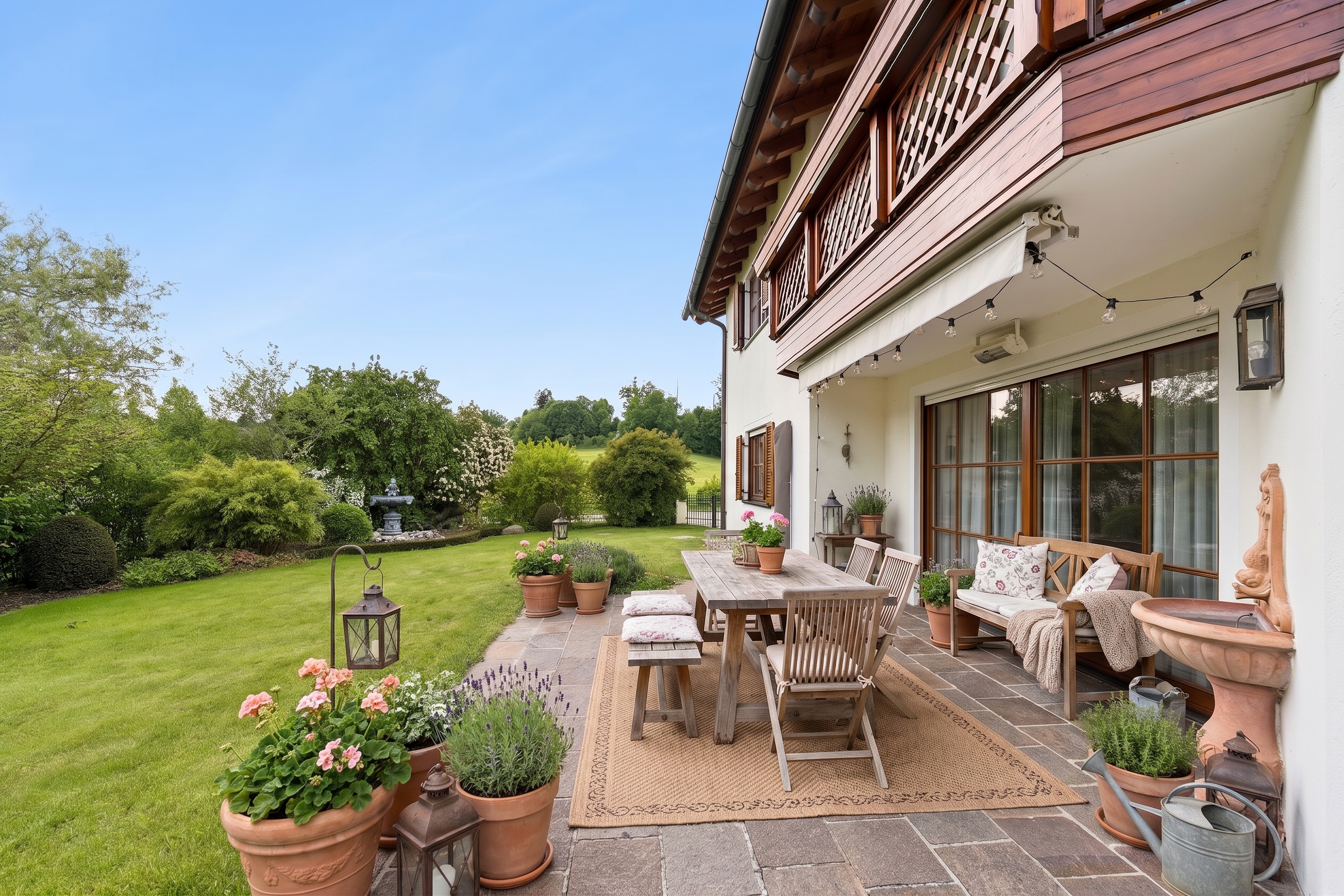View of greenery: Charming family country house with large garden