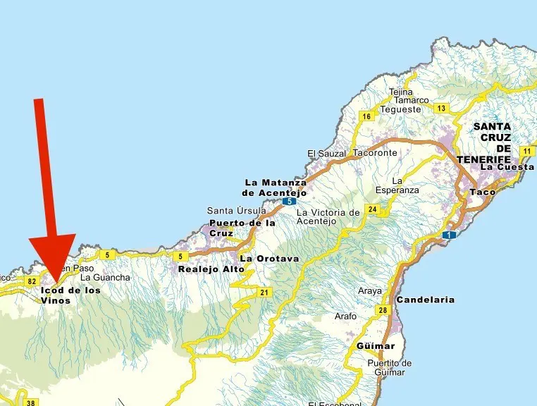 Map of Tenerife, Canary Islands, with a red arrow pointing to Icod de los Vinos. Roads and towns are labeled.