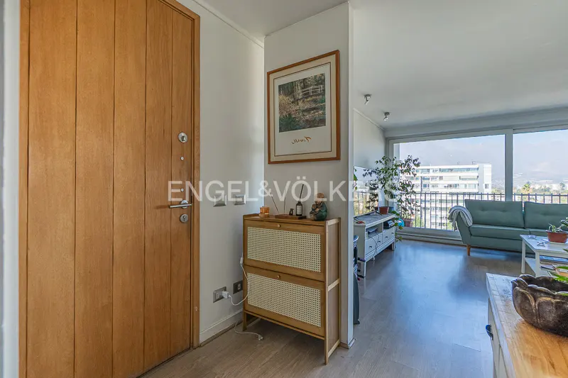 Apartment entryway with a wooden door, a cabinet with a framed picture above, and a living room in the background.