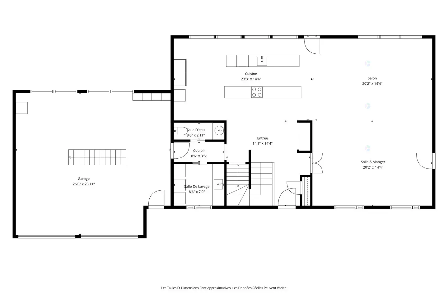 Floor plan of a house showing a garage, kitchen, living room, dining room, and entrance. The layout includes dimensions for each room.
