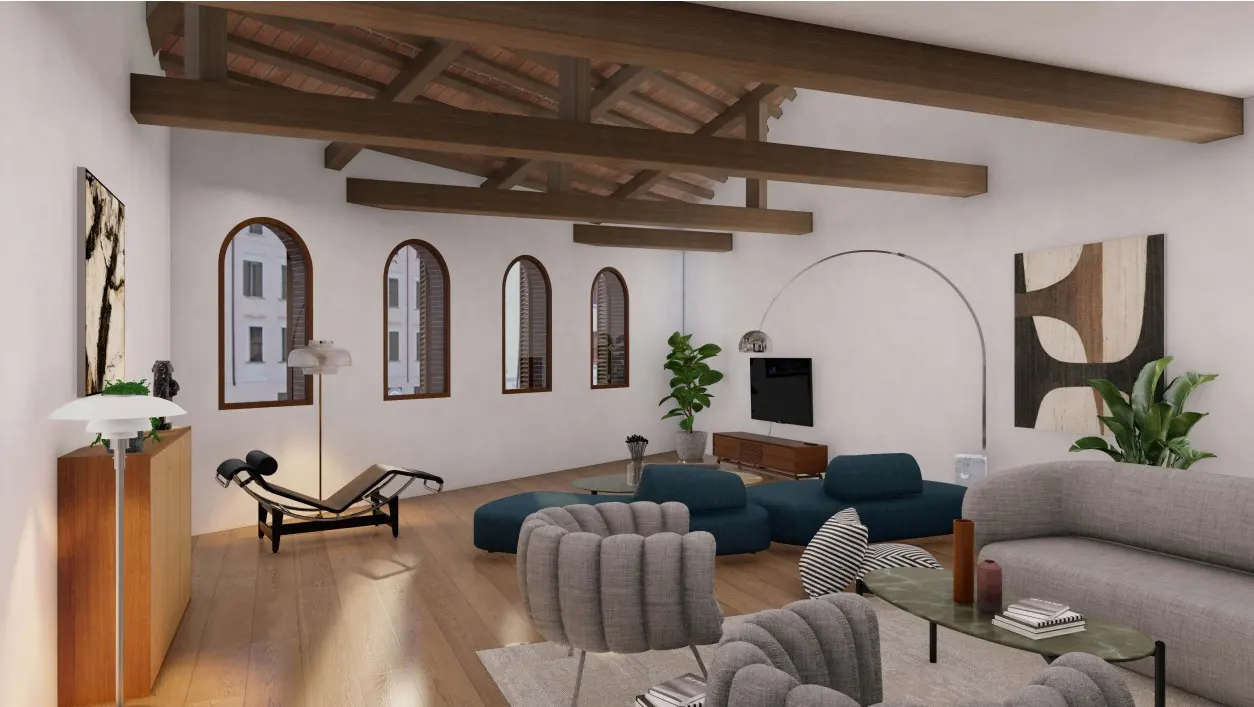 Living room with white walls, wood floors, and exposed beams. Blue modular sofa, gray chairs, and arched windows. Modern art and plants add style.