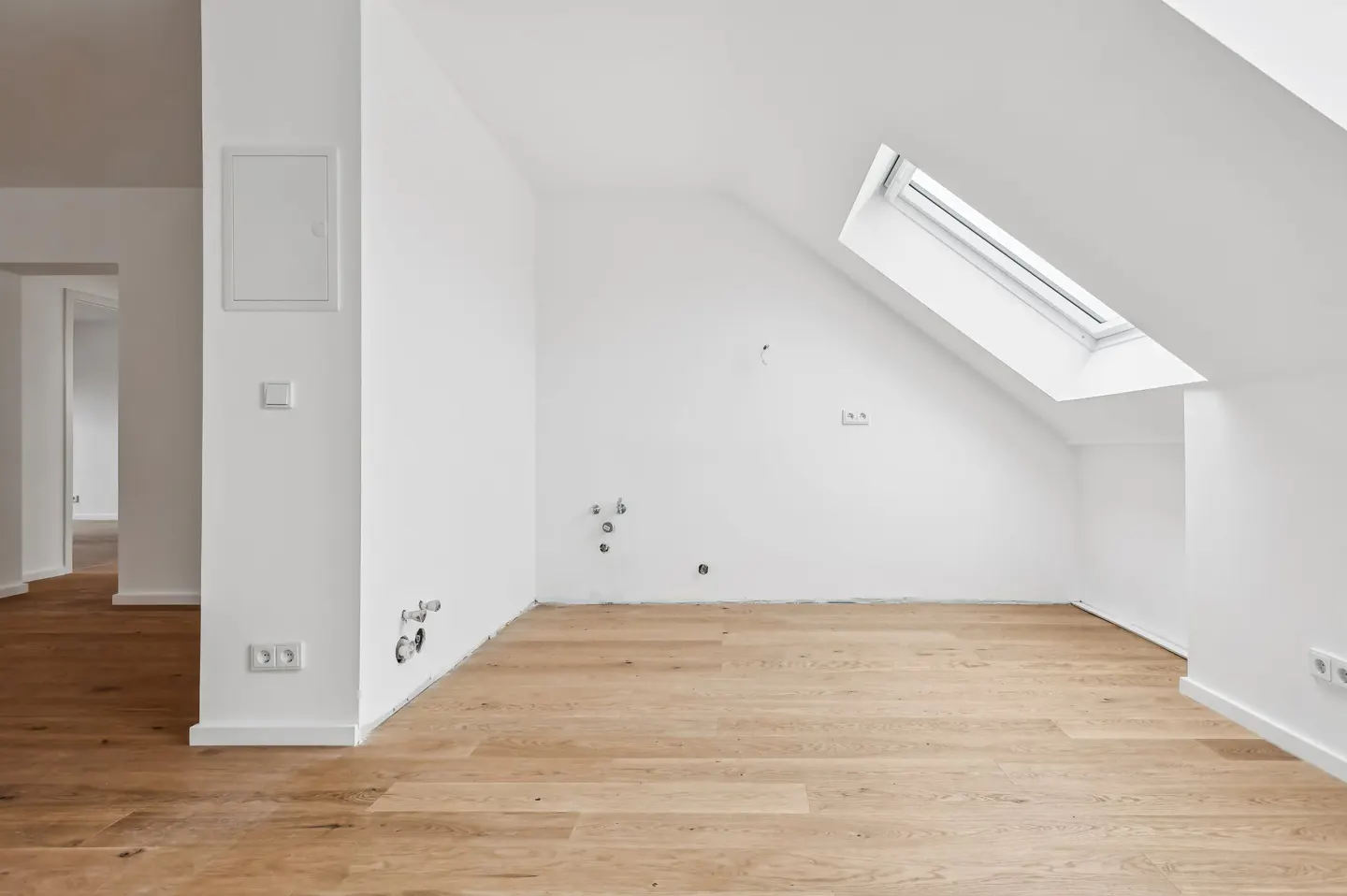 Bright, empty attic room with light wood floors, white walls, and a skylight. Electrical outlets and plumbing fixtures are visible.
