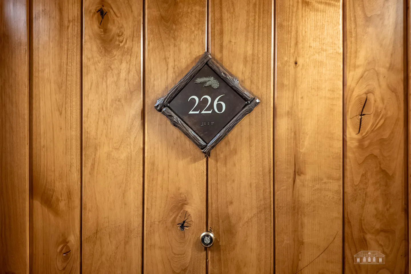 Wooden door with a diamond-shaped room number 226 sign, featuring braille and a small keyhole below.