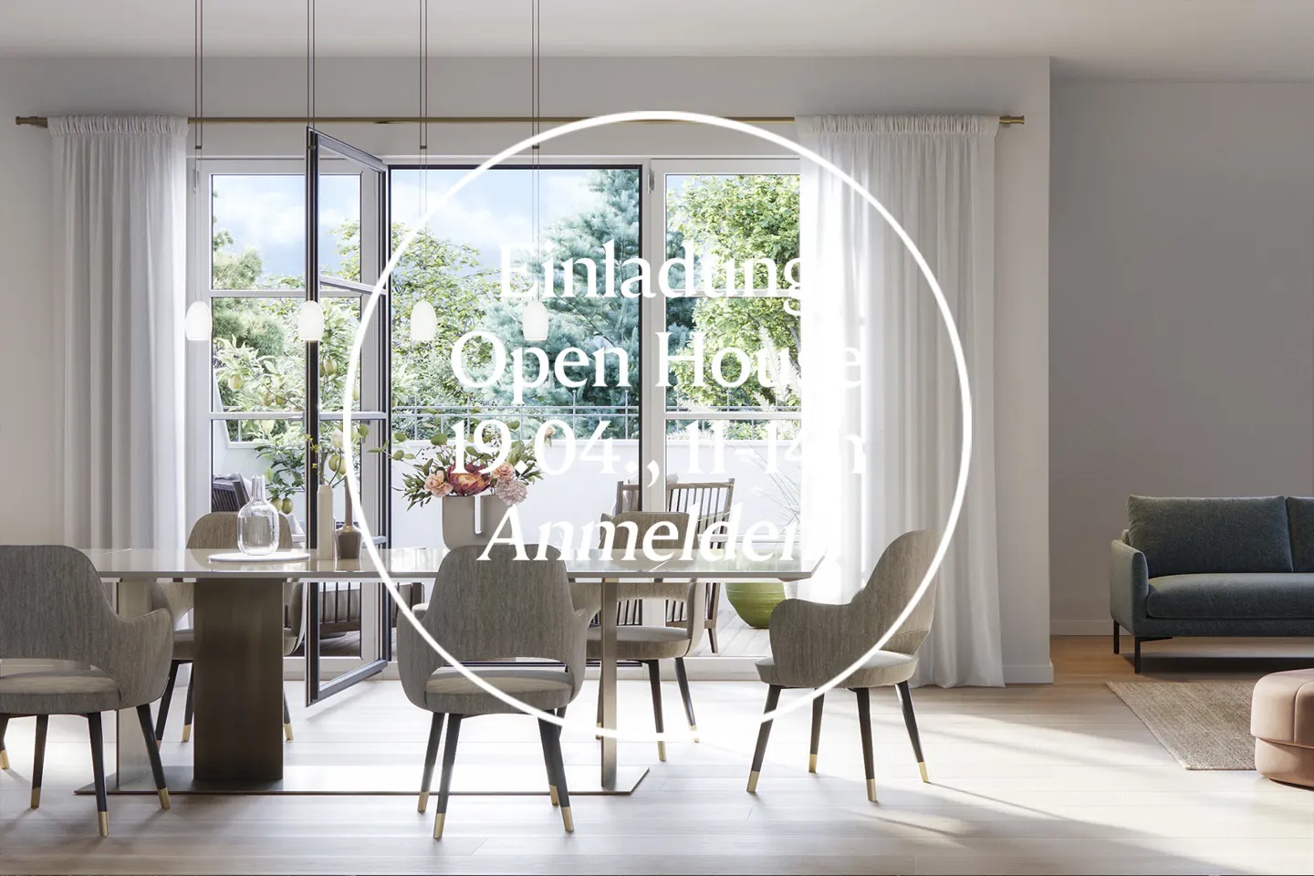 Bright, modern dining room with a table, chairs, and open doors to a balcony. Text overlay advertises an open house.