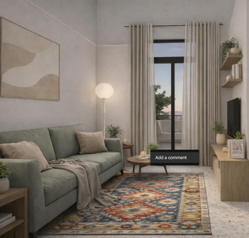 Living room with a green sofa, patterned rug, and beige curtains. A large window offers a view of a balcony. Neutral tones create a calm atmosphere.
