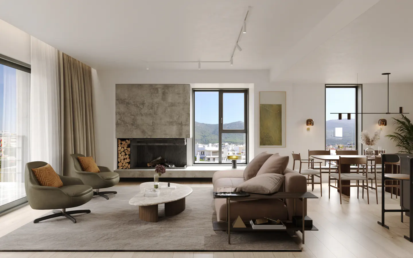 Bright, modern living room with a fireplace, two olive chairs, and a beige sofa. Dining area visible in the background.