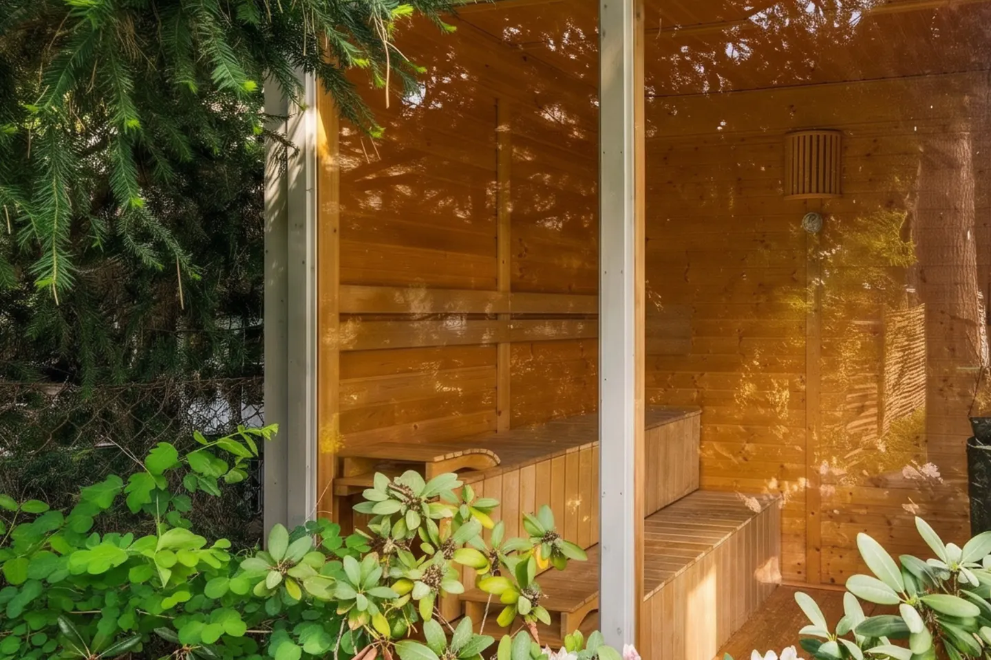 Outdoor sauna with wooden benches and walls, surrounded by green plants and trees.