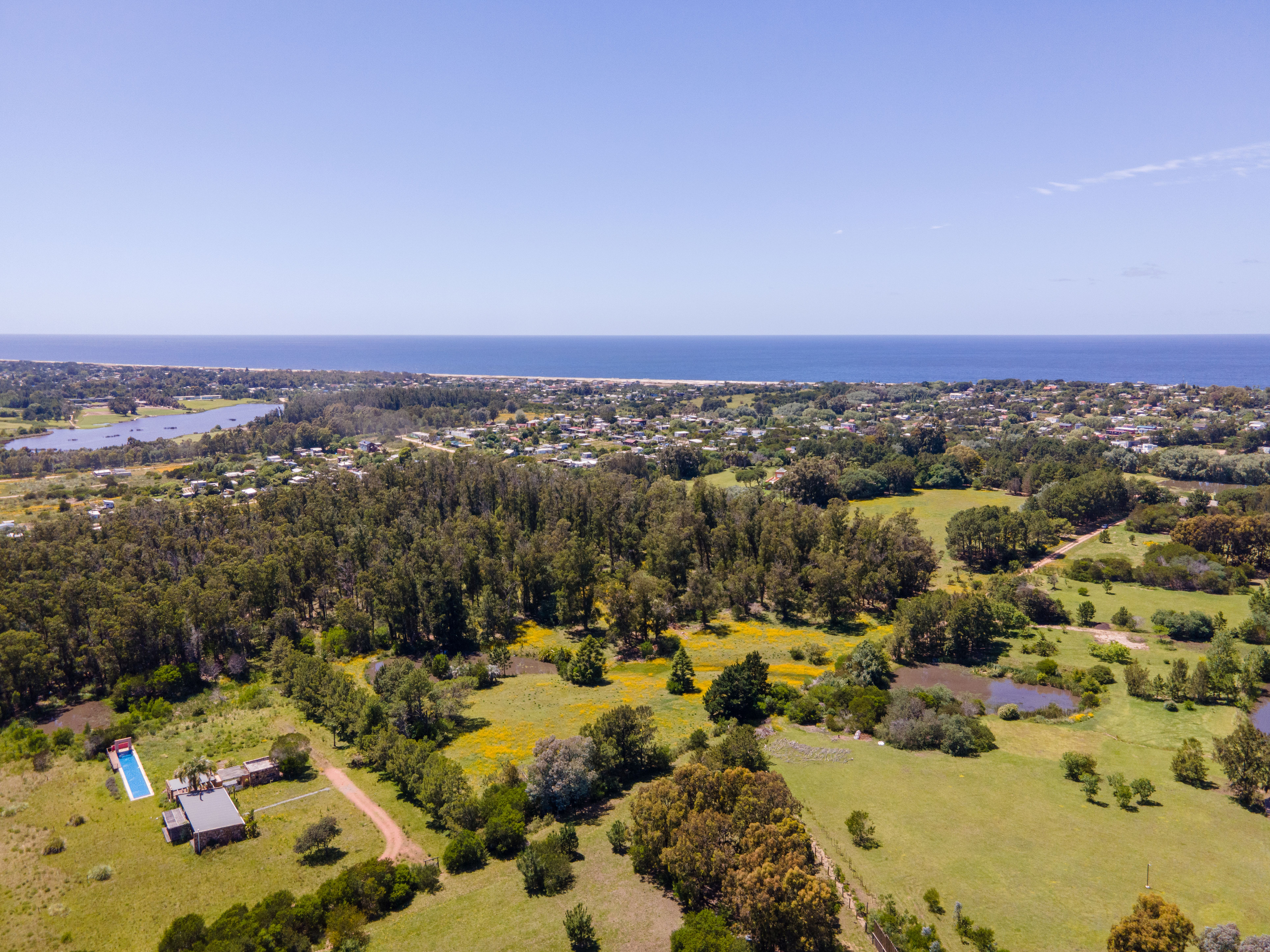 Aerial view of a coastal landscape with a house, pool, dense forest, grassy fields, and a distant ocean horizon. [AI-generated text]