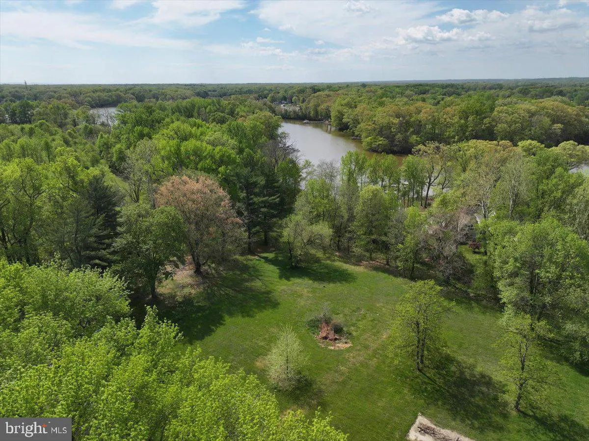 Aerial view of a lush green property with a lake, surrounded by trees under a blue sky.