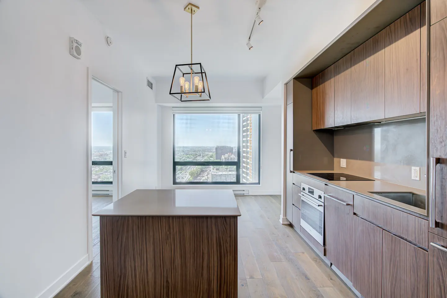 Bright condo interior with wood floors, island, and cabinets. A black and gold light fixture hangs above the island. A large window shows a city view.